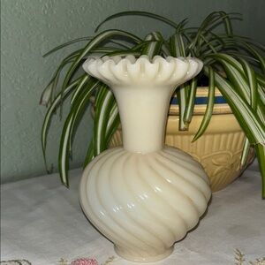 Vintage Fenton Milk Glass Spiral Optic Vase Crimped Ruffle Edge Glows Under UV